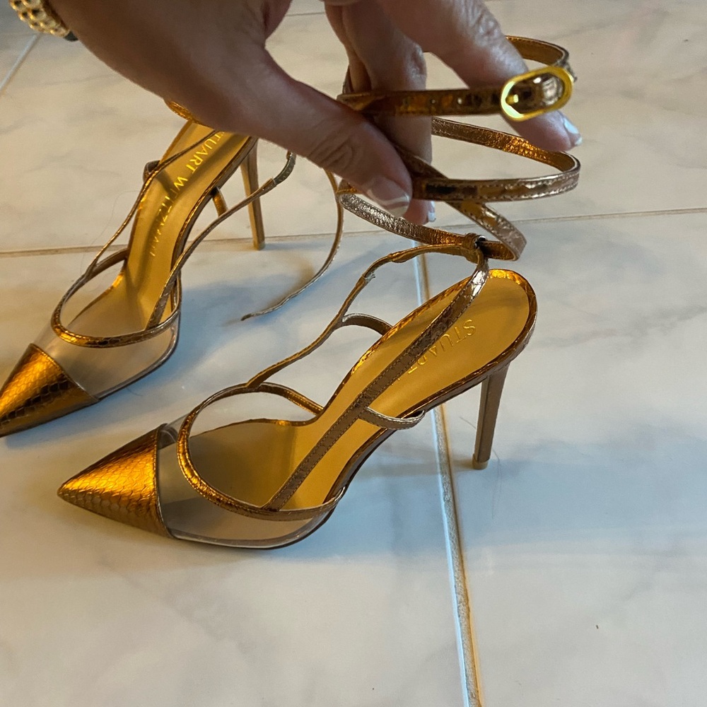 Copper/Bronze stuart weitzman heels with removable ankle straps worn once